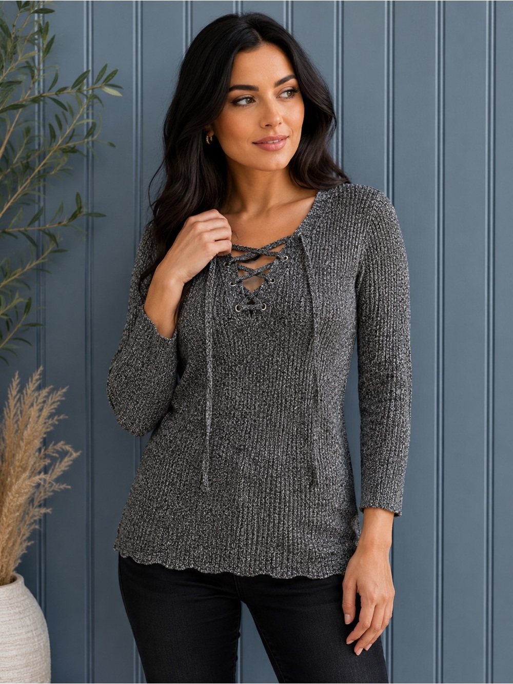 New York & Company Gray Marled Lace-Up Knit Sweater Top Size Small